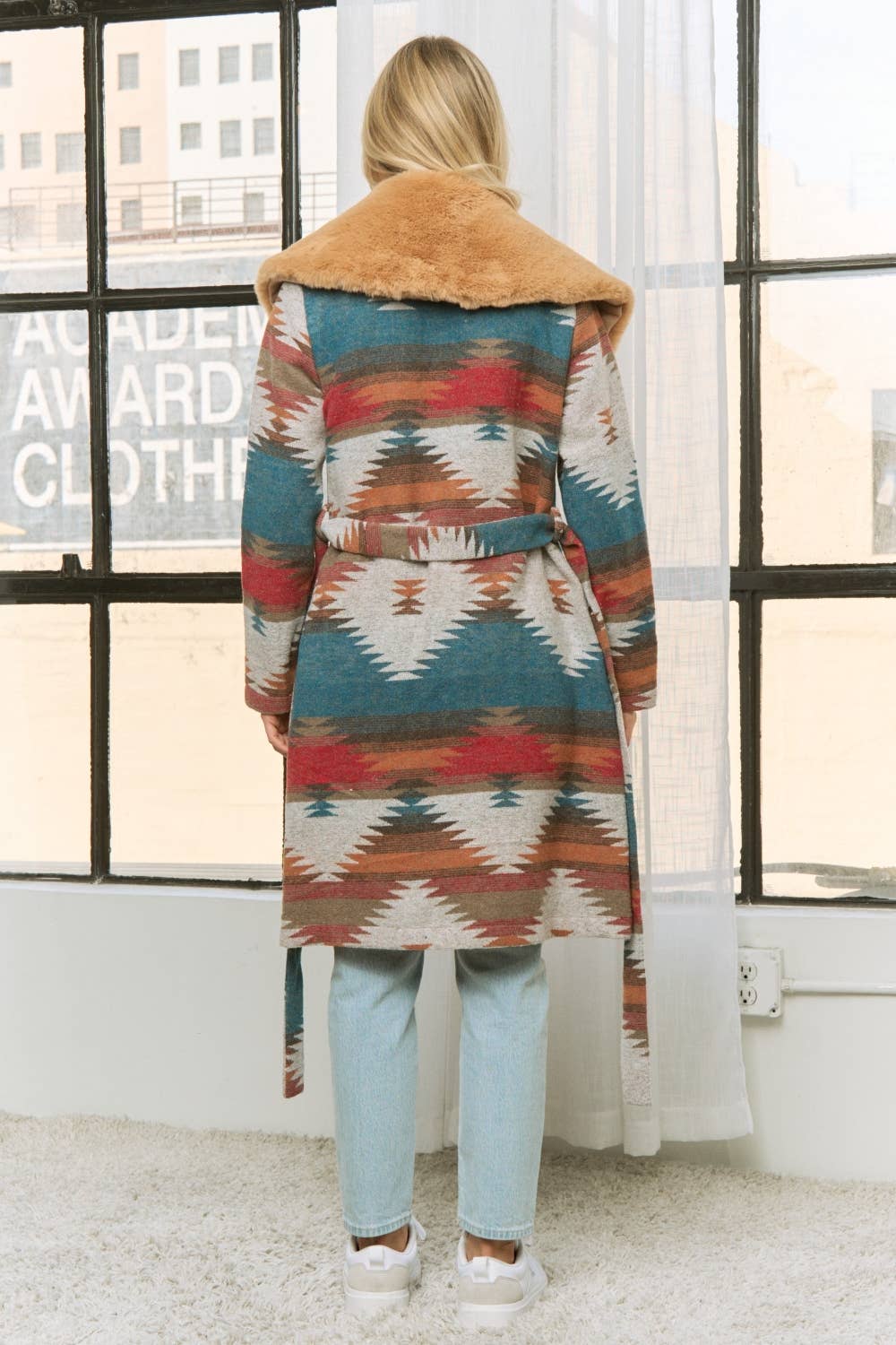 AZTEC JACKET SHACKET WITH CONTRAST FUR SHOWL COLLA: Navy / S-M-L(2-2-2)