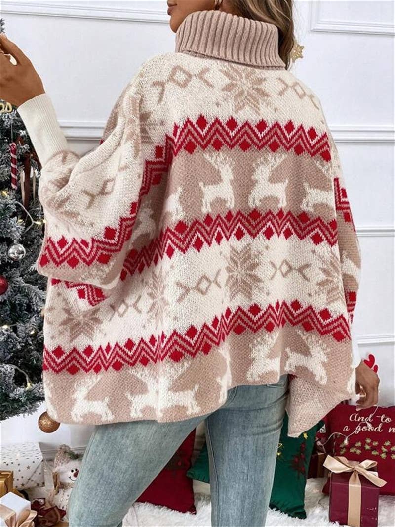 High-Neck Christmas Elk Bat-Sleeve Knitted Sweater: Apricot / S