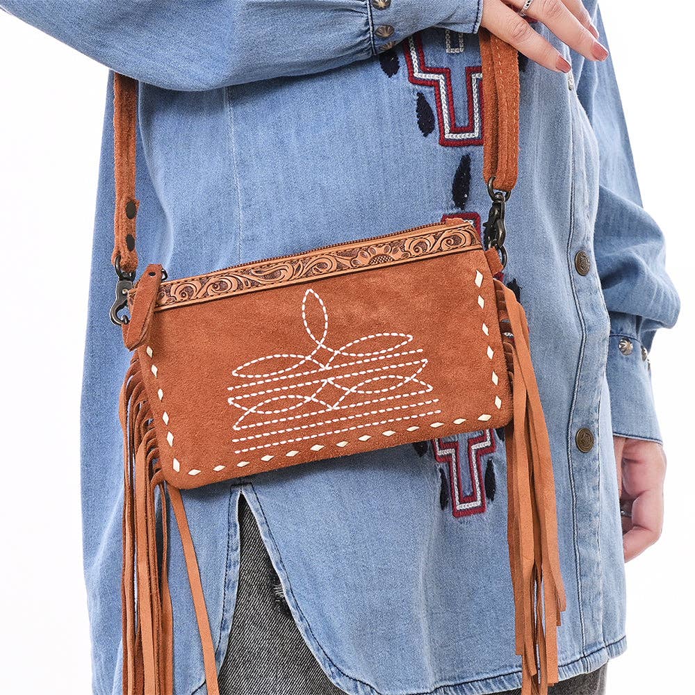 ADBG1662 American Darling Western Genuine Suede Leather Small Cross Body Bag with & Hand-Tooled Accents: ADBG1662