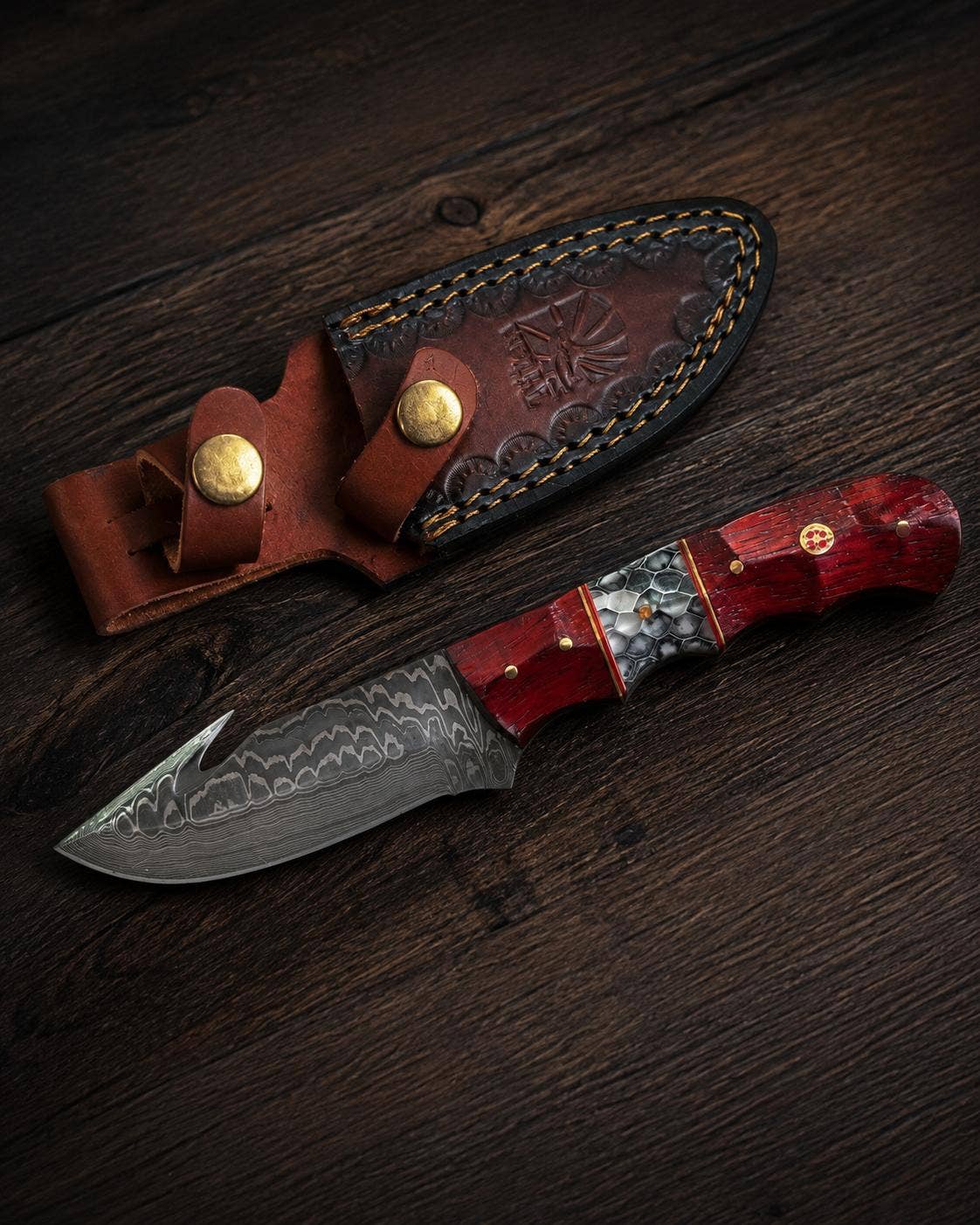 Damascus Steel Fixed Blade Hunting Knife with Gut Hook, Padauk Wood & Cobra Honeycomb Resin Inlay Handle for Field Dressing & Camping with Custom Leather Sheath TK-517