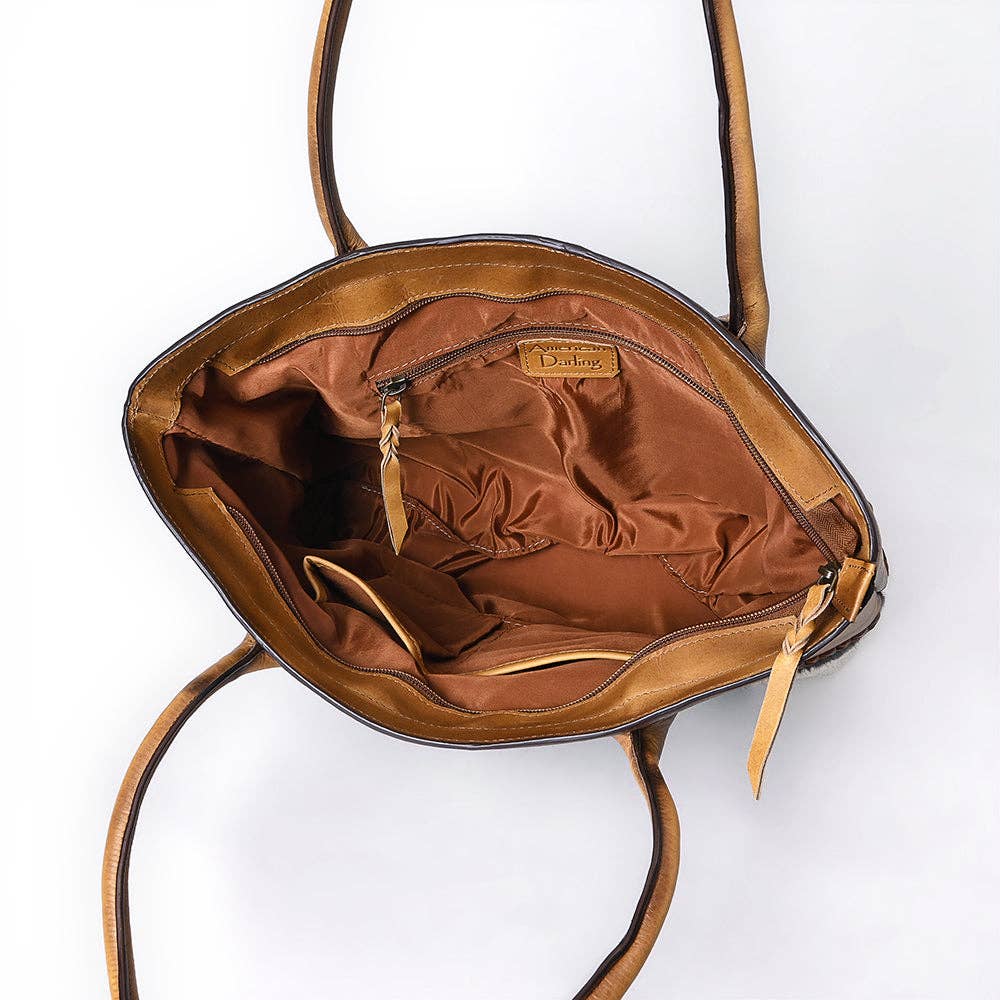 ADBGM526 Two-Tone Cowhide & Tooled Leather Tote - Western Handbag with Braided Trim: ADBGM526