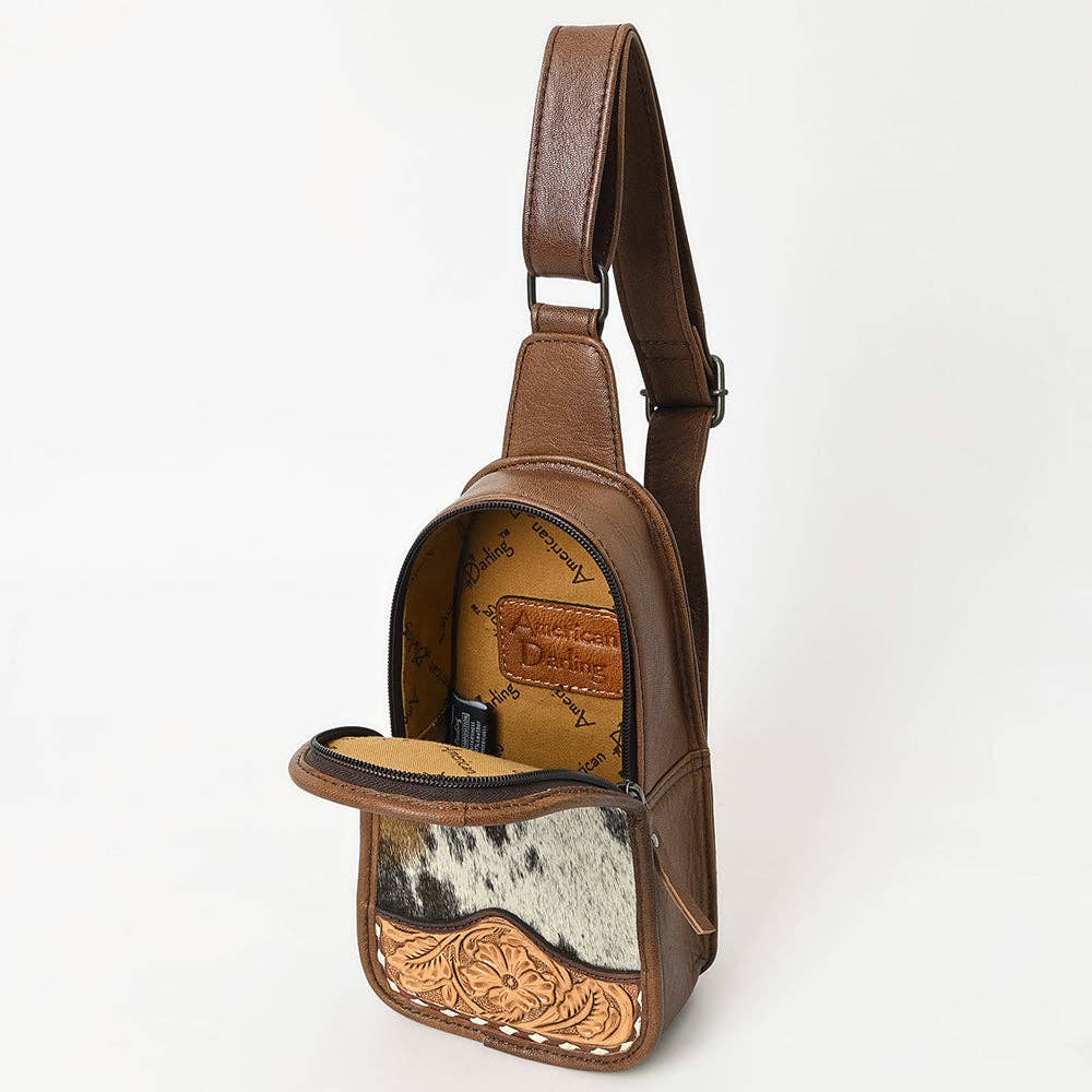 ADBG1510E American Dalring Hair-On Cowhide Western Leather Sling Bag Hand-Tooled Genuine Leather Crossbody: ADBG1510E