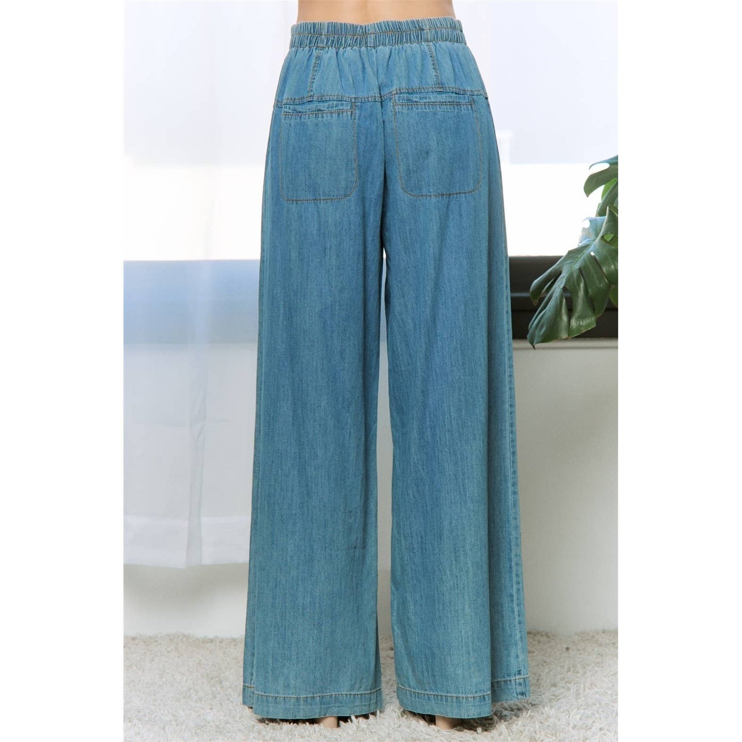 HIGH RISE BUTTON FRONT WIDE LEG PANTS: Medium Denim / S-M-L(2-2-2)