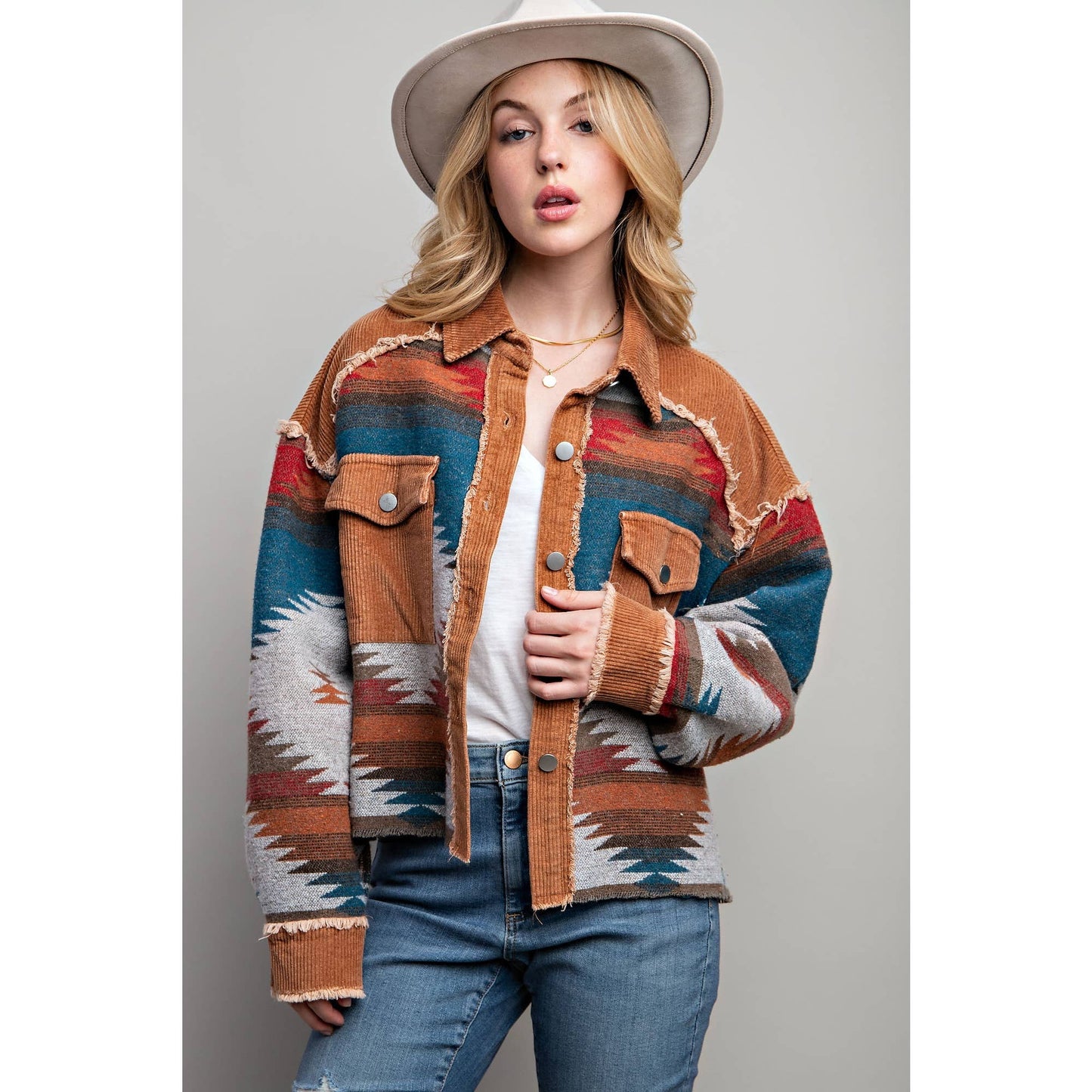 TRIBAL AZTEC PATTERN COLORBLOCK BUTTON DOWN SHIRT JACKET: Grey / S-M-L(2-2-2)