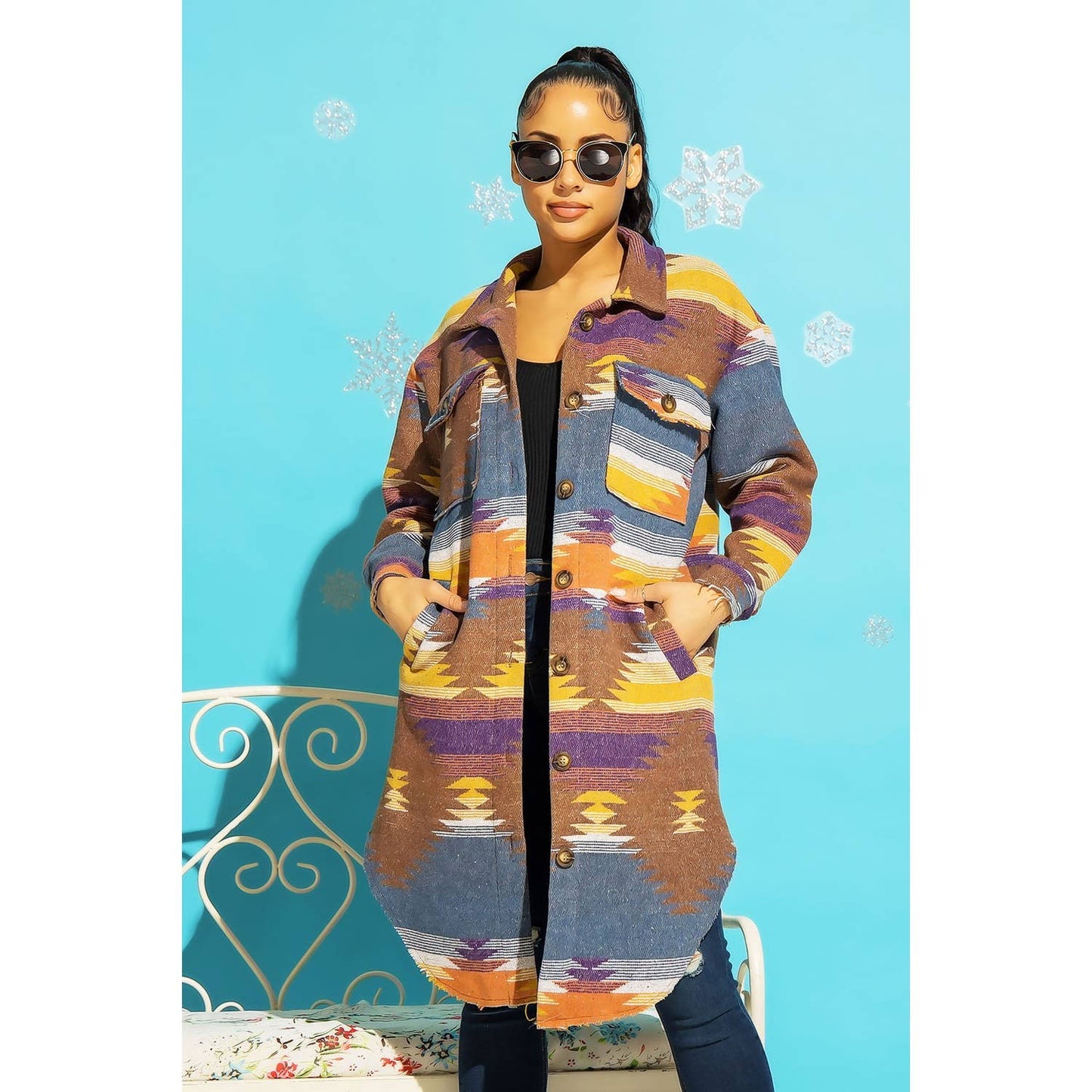 LONG TRIBAL AZTEC BUTTON DOWN SHIRT JACKET SHACKET: Rust / Turquoise / S-M-L(2-2-2)