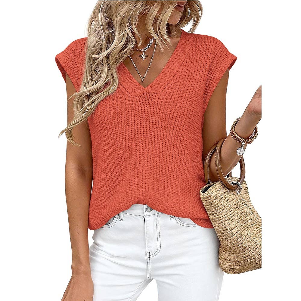 Slouchy V-Neck Casual Chunky Knit Top: Coffee / L