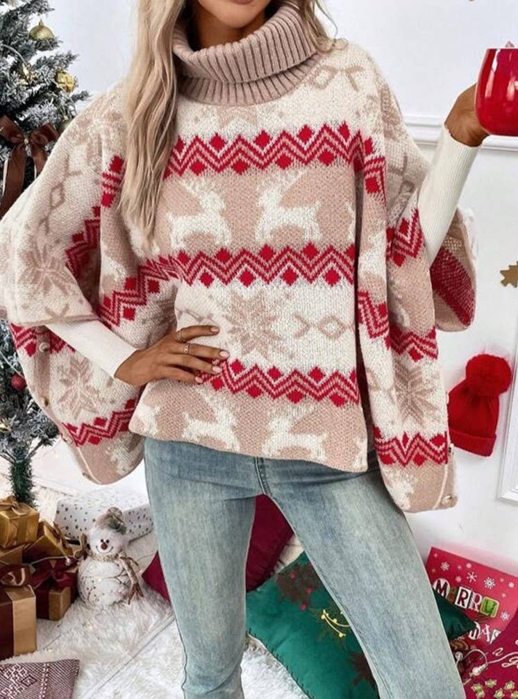 High-Neck Christmas Elk Bat-Sleeve Knitted Sweater: Apricot / L
