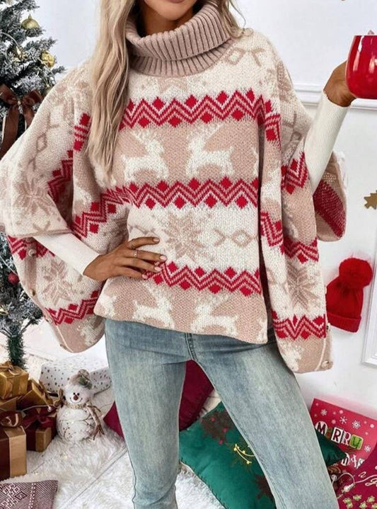 High-Neck Christmas Elk Bat-Sleeve Knitted Sweater: Apricot / L