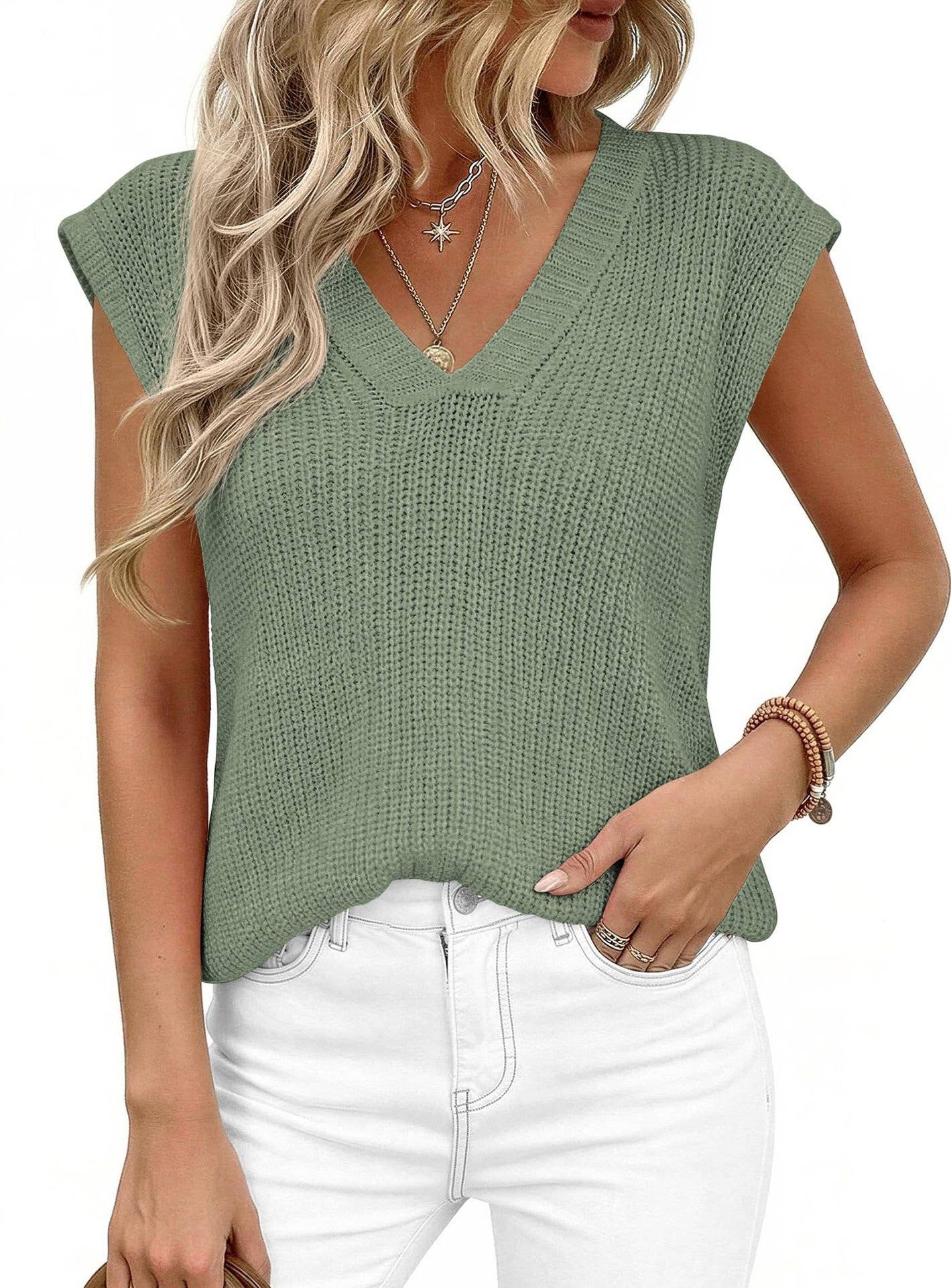 Slouchy V-Neck Casual Chunky Knit Top: Coffee / L