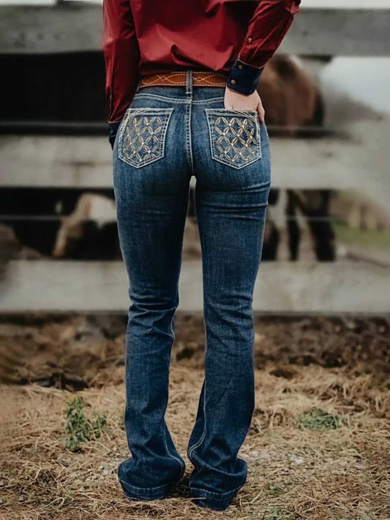 Women's Stretch Flare Jeans Embroidered Boho Denim Pants, : Blue / Contemporary / M