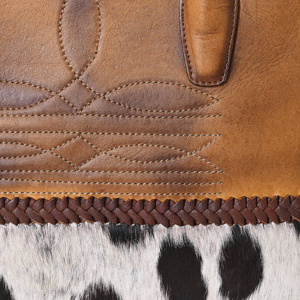 ADBGM526 Two-Tone Cowhide & Tooled Leather Tote - Western Handbag with Braided Trim: ADBGM526