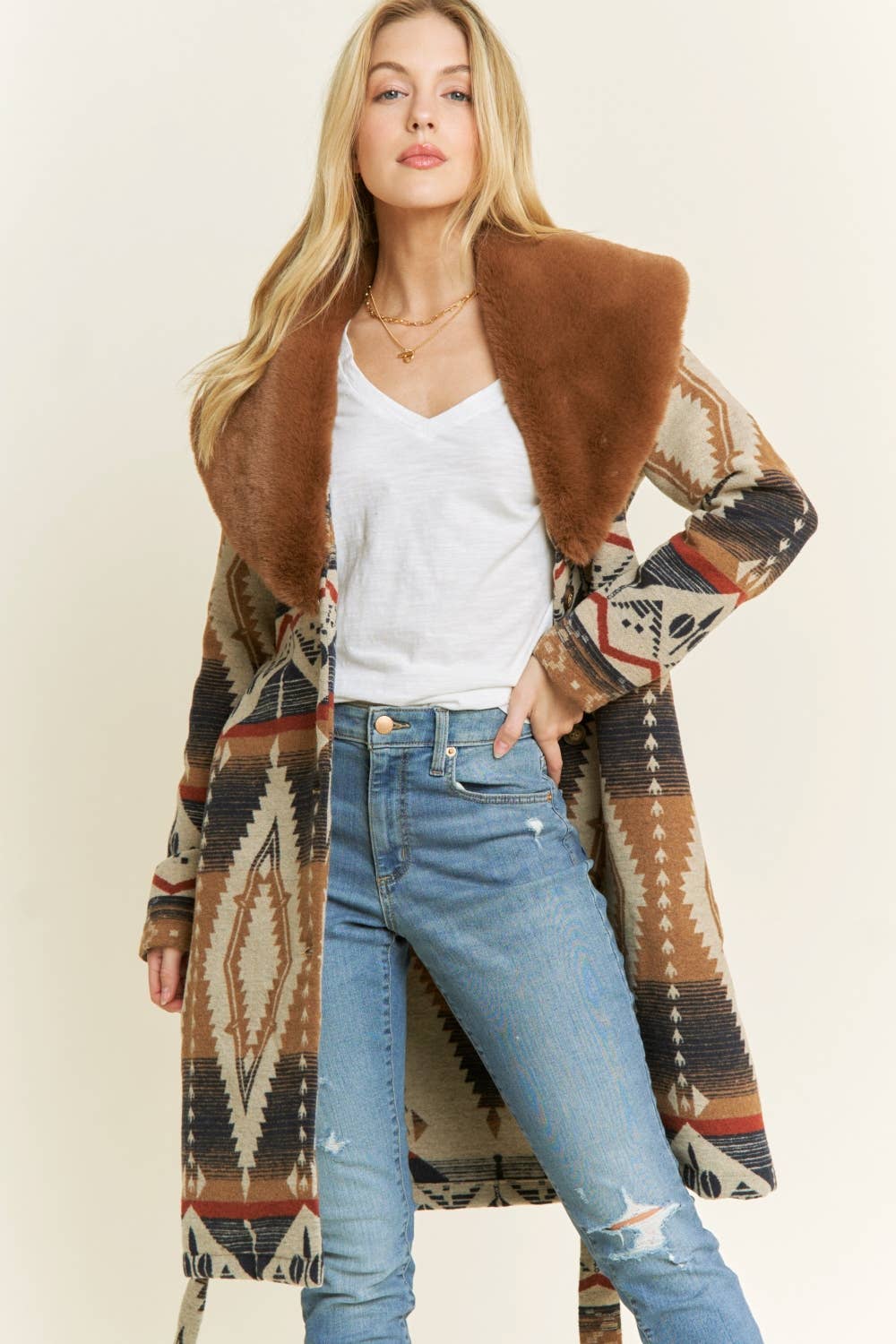 AZTEC JACKET SHACKET WITH CONTRAST FUR SHOWL COLLA: Navy / S-M-L(2-2-2)