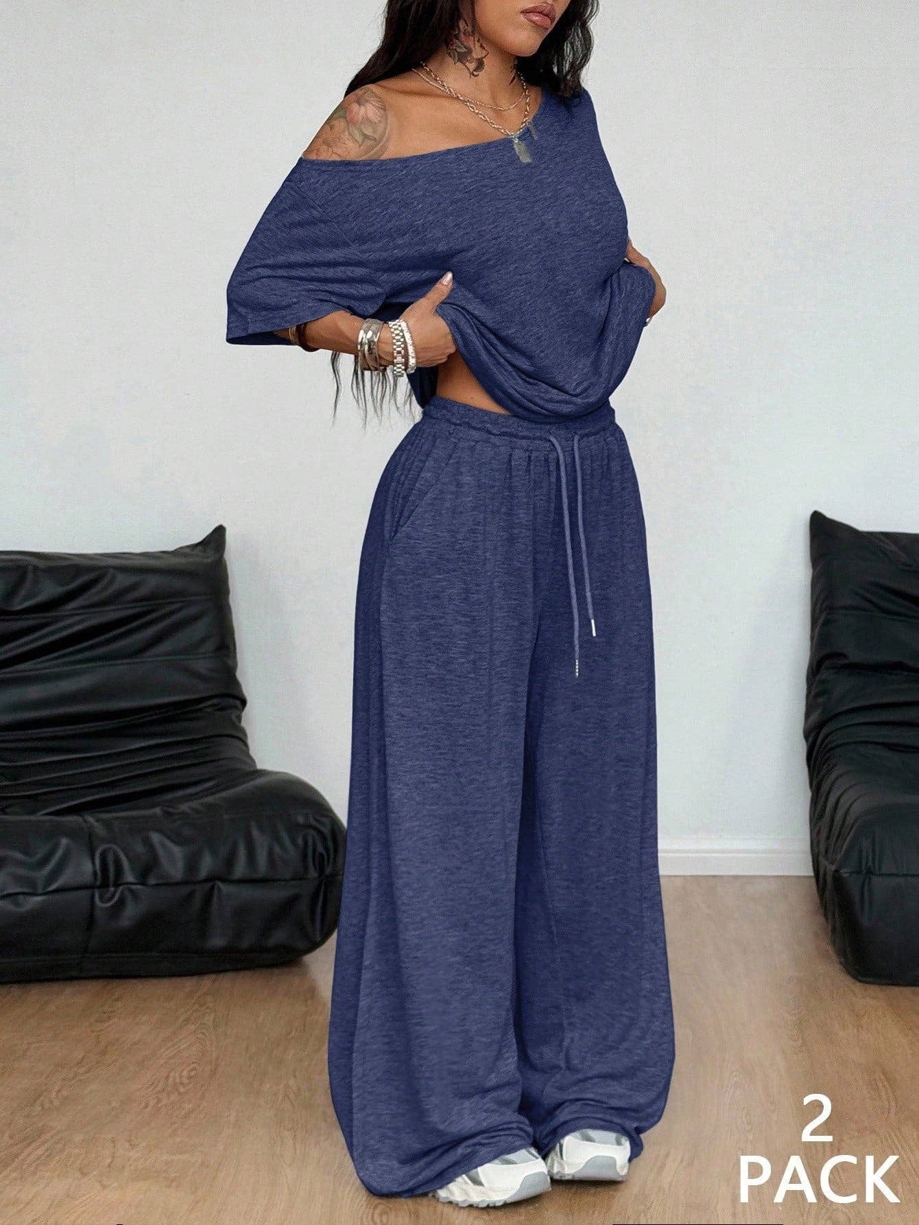 Asymmetric Neck Wide Leg Sportswear Two Piece Set: Dark gray / L