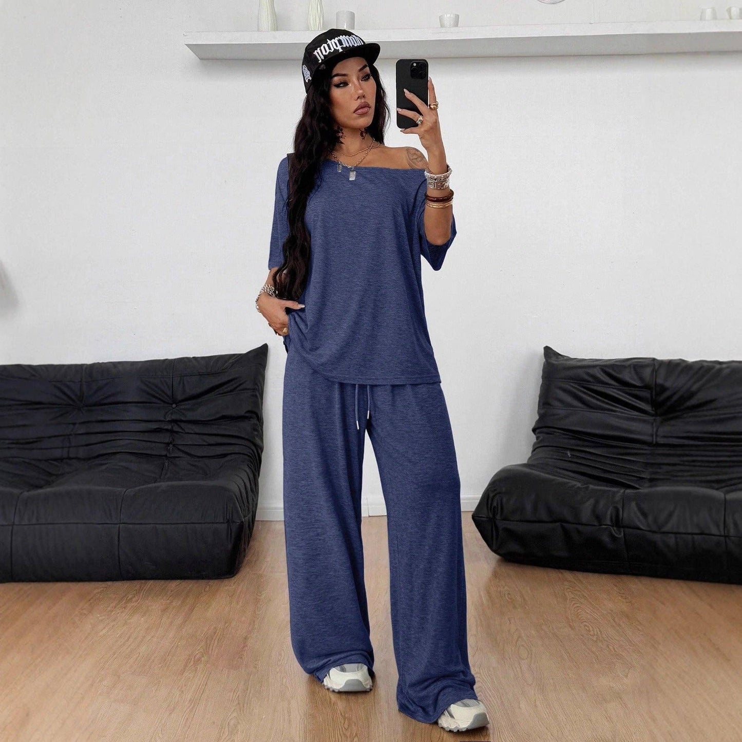 Asymmetric Neck Wide Leg Sportswear Two Piece Set: Dark gray / XL