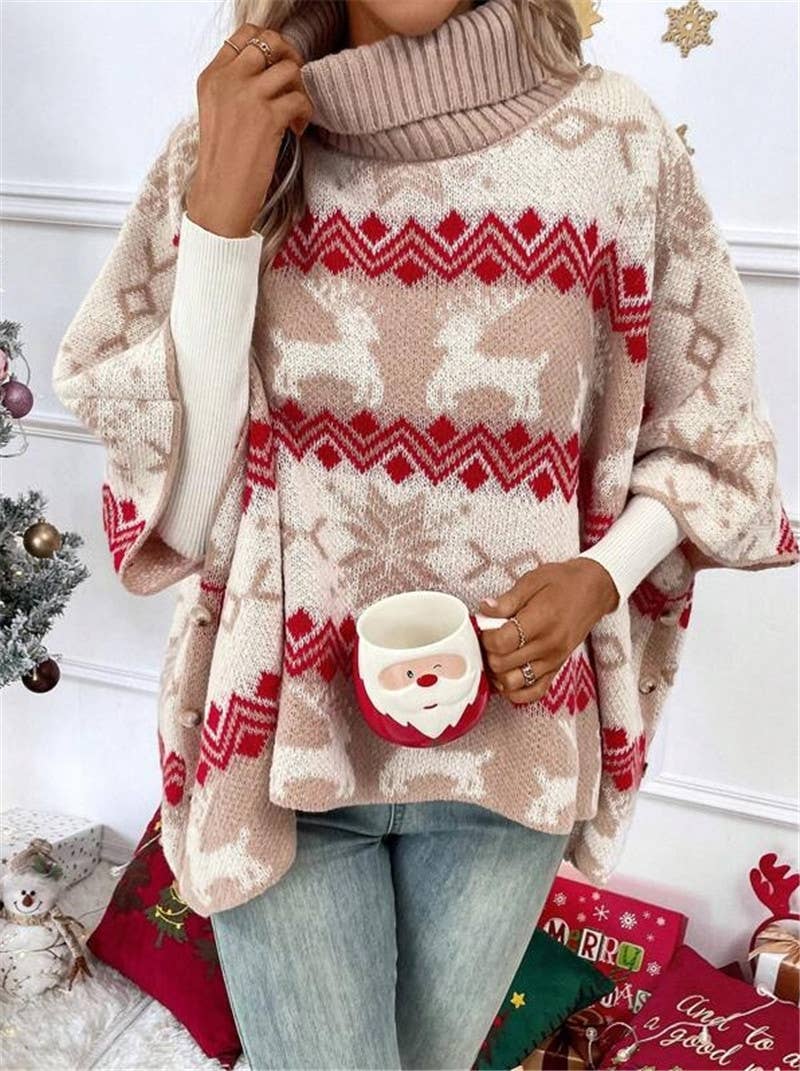 High-Neck Christmas Elk Bat-Sleeve Knitted Sweater: Apricot / S