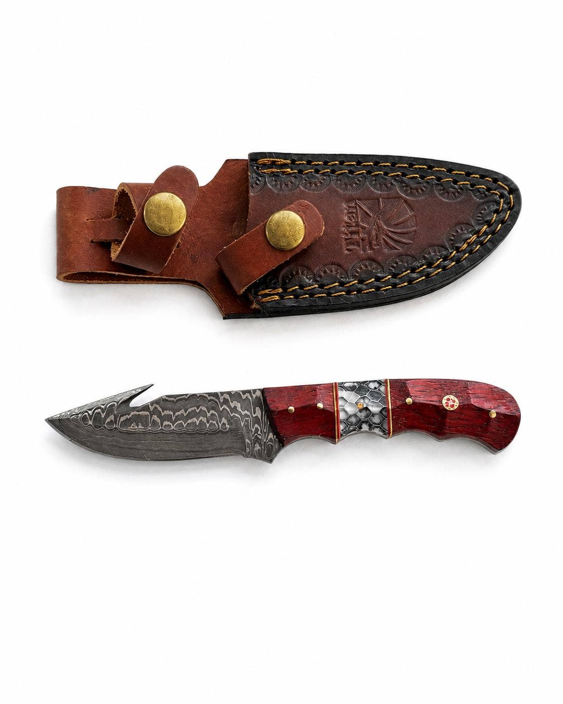 Damascus Steel Fixed Blade Hunting Knife with Gut Hook, Padauk Wood & Cobra Honeycomb Resin Inlay Handle for Field Dressing & Camping with Custom Leather Sheath TK-517
