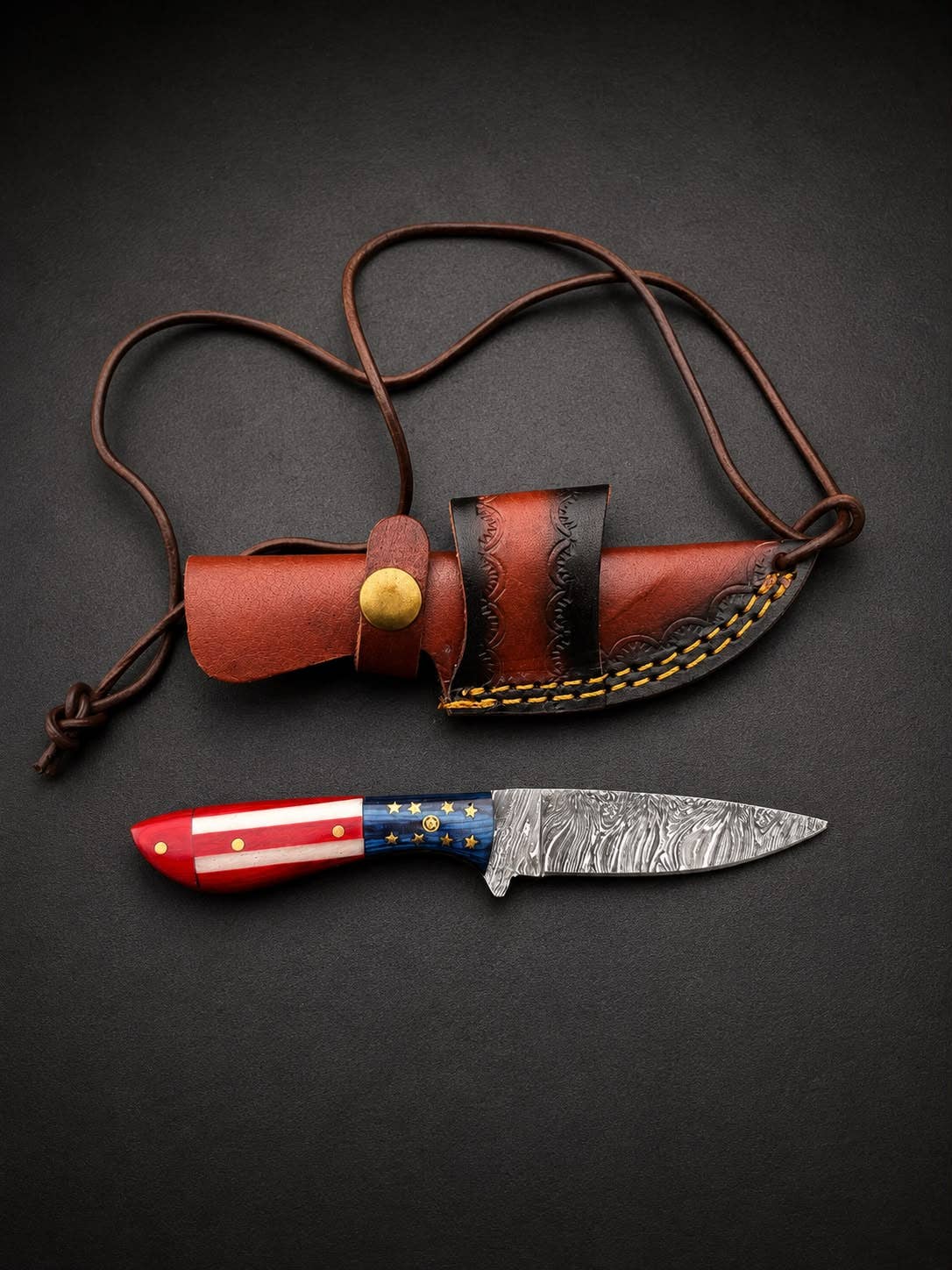 Premium Damascus Steel Fixed Blade Knife – Patriotic Edition with Tooled Leather Sheath TK-527