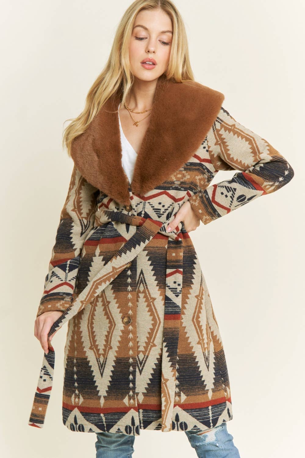 AZTEC JACKET SHACKET WITH CONTRAST FUR SHOWL COLLA: Navy / S-M-L(2-2-2)