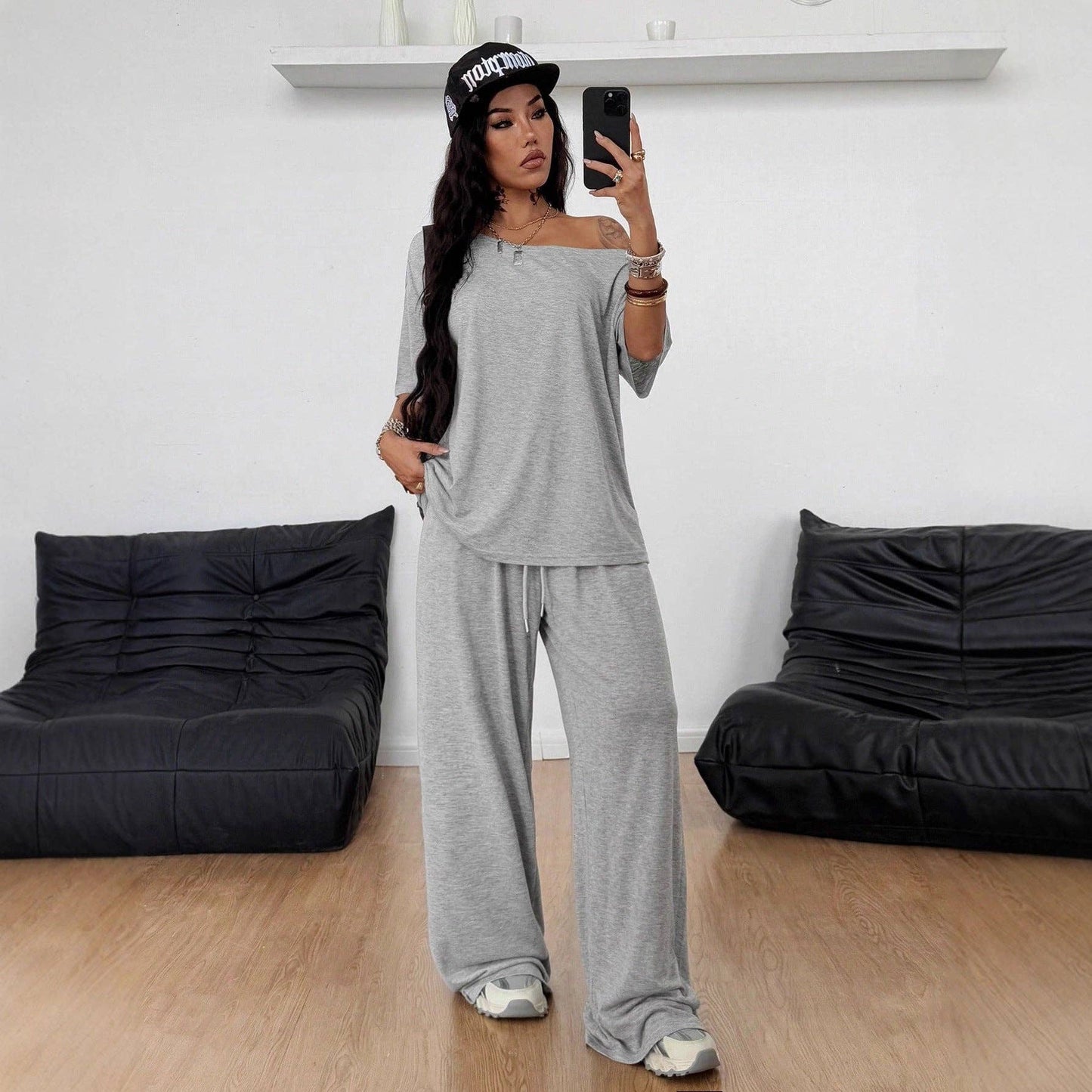 Asymmetric Neck Wide Leg Sportswear Two Piece Set: Dark gray / XL