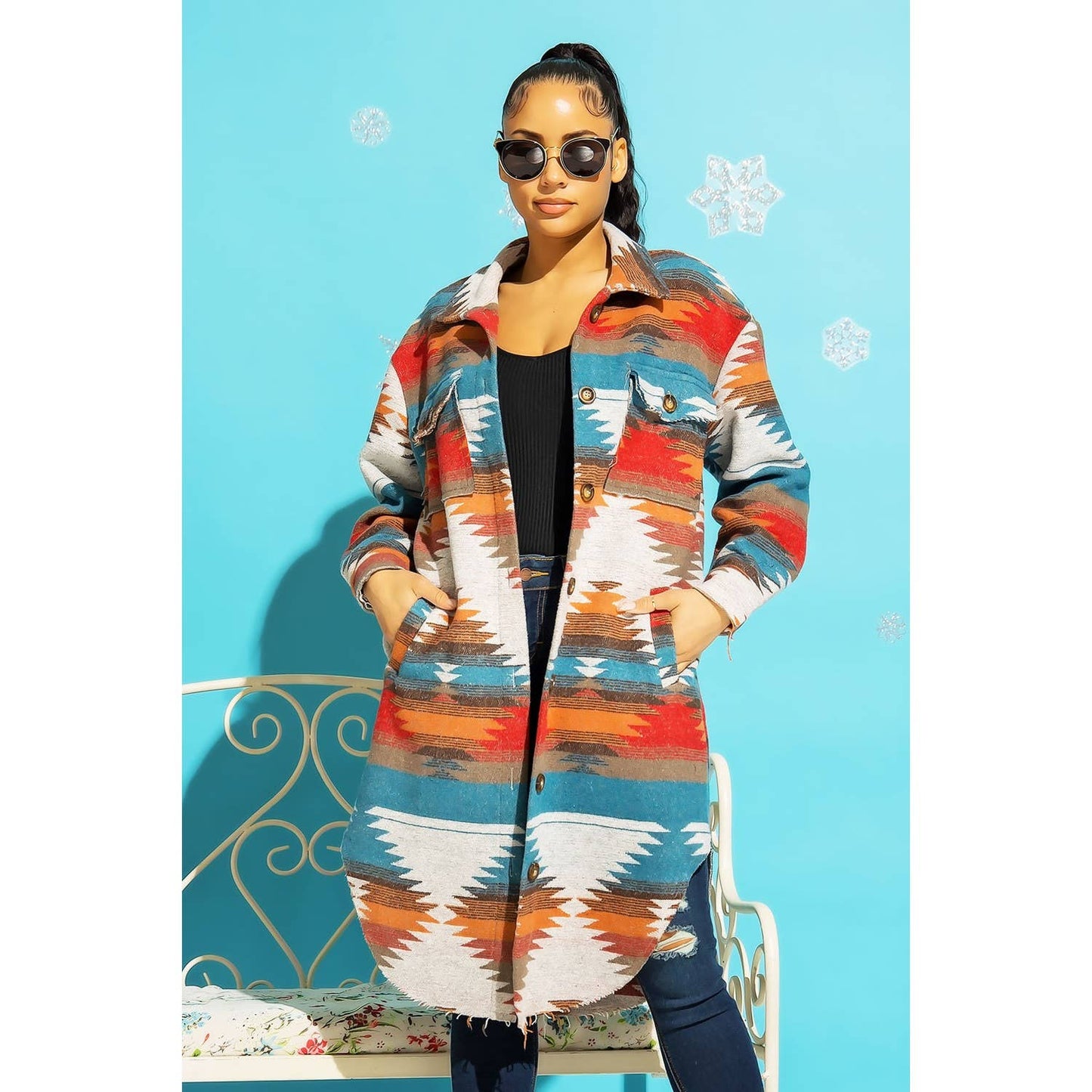 LONG TRIBAL AZTEC BUTTON DOWN SHIRT JACKET SHACKET: Rust / Turquoise / S-M-L(2-2-2)