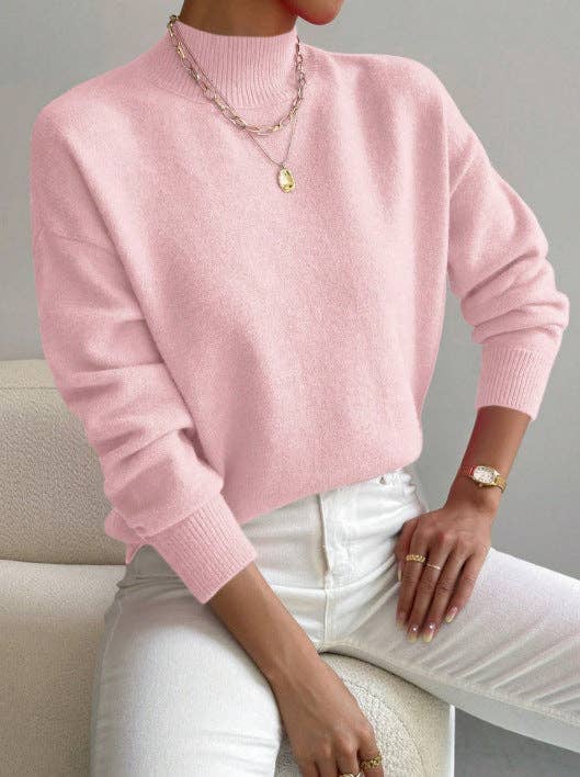 Women Mock Neck Long Sleeve Knit Sweater: Apricot / L
