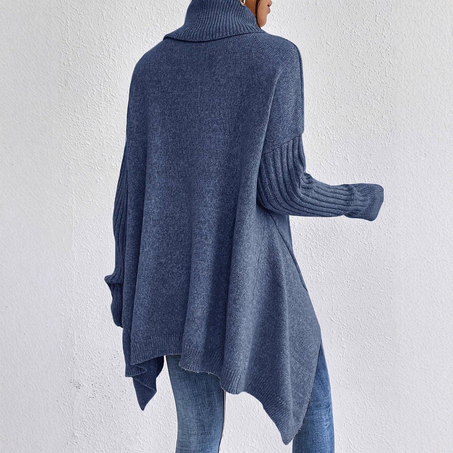 Oversized High Neck Chunky Knit Sweater Coat: Navy blue / L