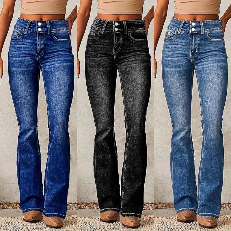 Women Vintage Stretch Flare Distressed Denim Pants: Dark blue / M