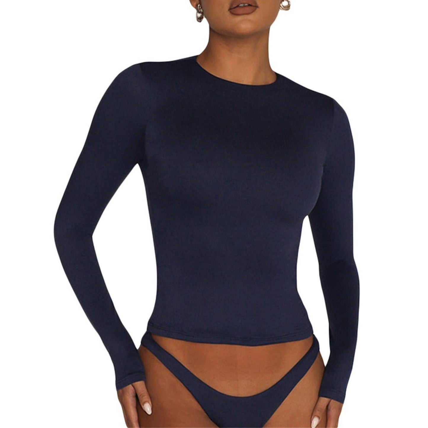 Basic Plain Color Slim Fit Pullover T-Shirt: SeaBlue_L / S