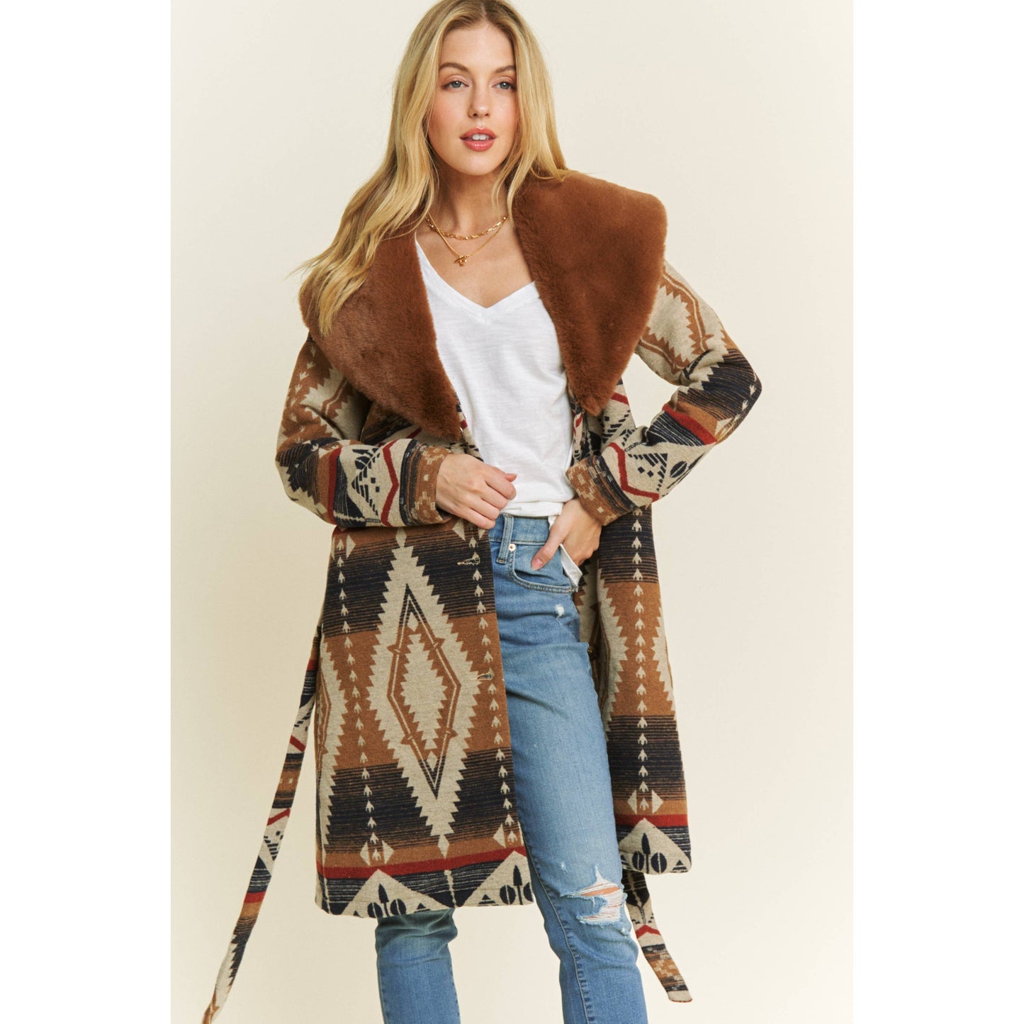 AZTEC JACKET SHACKET WITH CONTRAST FUR SHOWL COLLA: Navy / S-M-L(2-2-2)