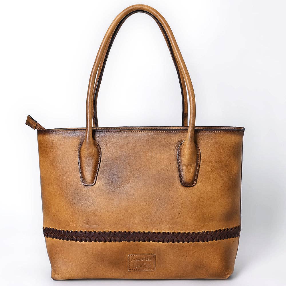 ADBGM526 Two-Tone Cowhide & Tooled Leather Tote - Western Handbag with Braided Trim: ADBGM526