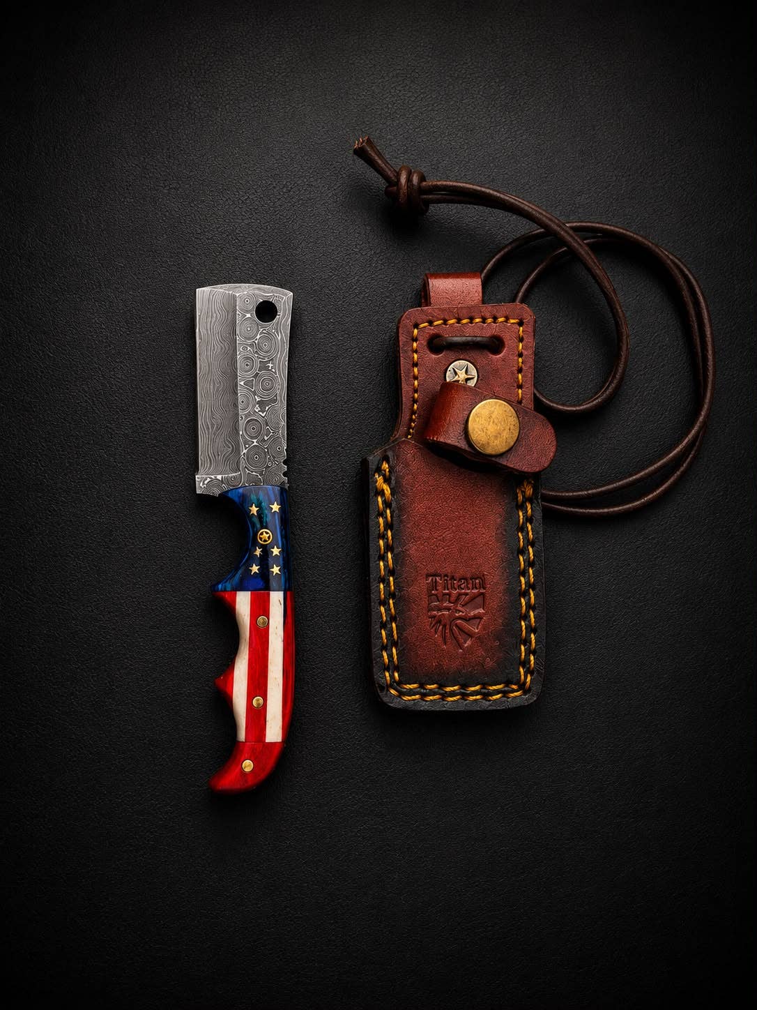 Premium Damascus Steel Fixed Blade Cleaver – Patriotic Edition with Tooled Leather Sheath TK-528