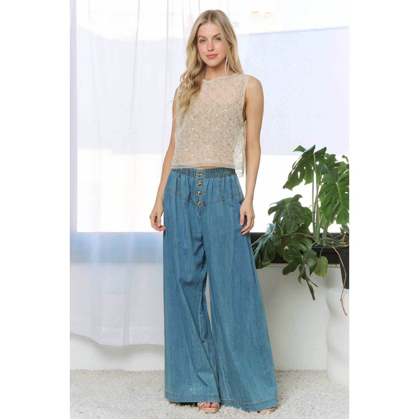 HIGH RISE BUTTON FRONT WIDE LEG PANTS: Medium Denim / S-M-L(2-2-2)
