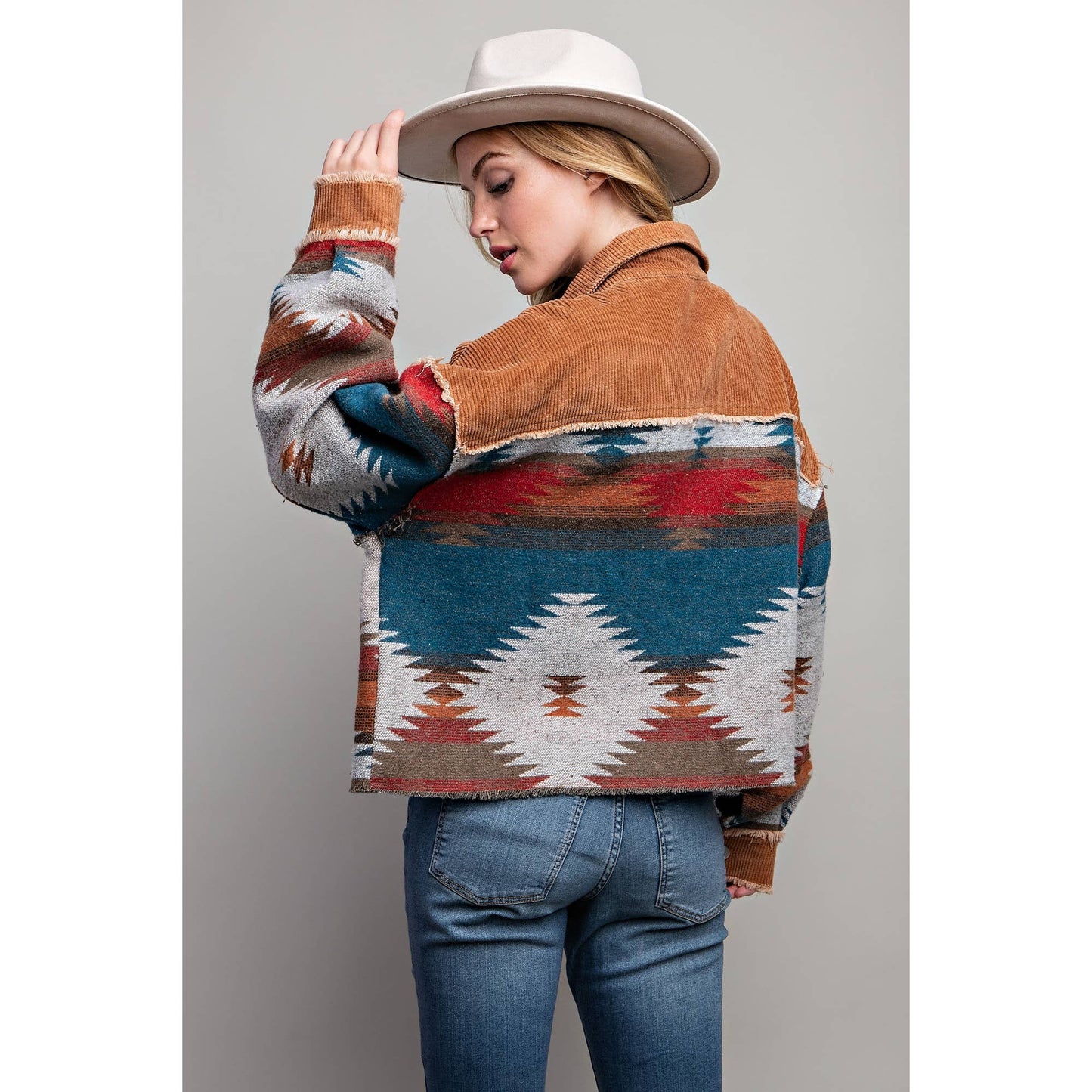TRIBAL AZTEC PATTERN COLORBLOCK BUTTON DOWN SHIRT JACKET: Grey / S-M-L(2-2-2)