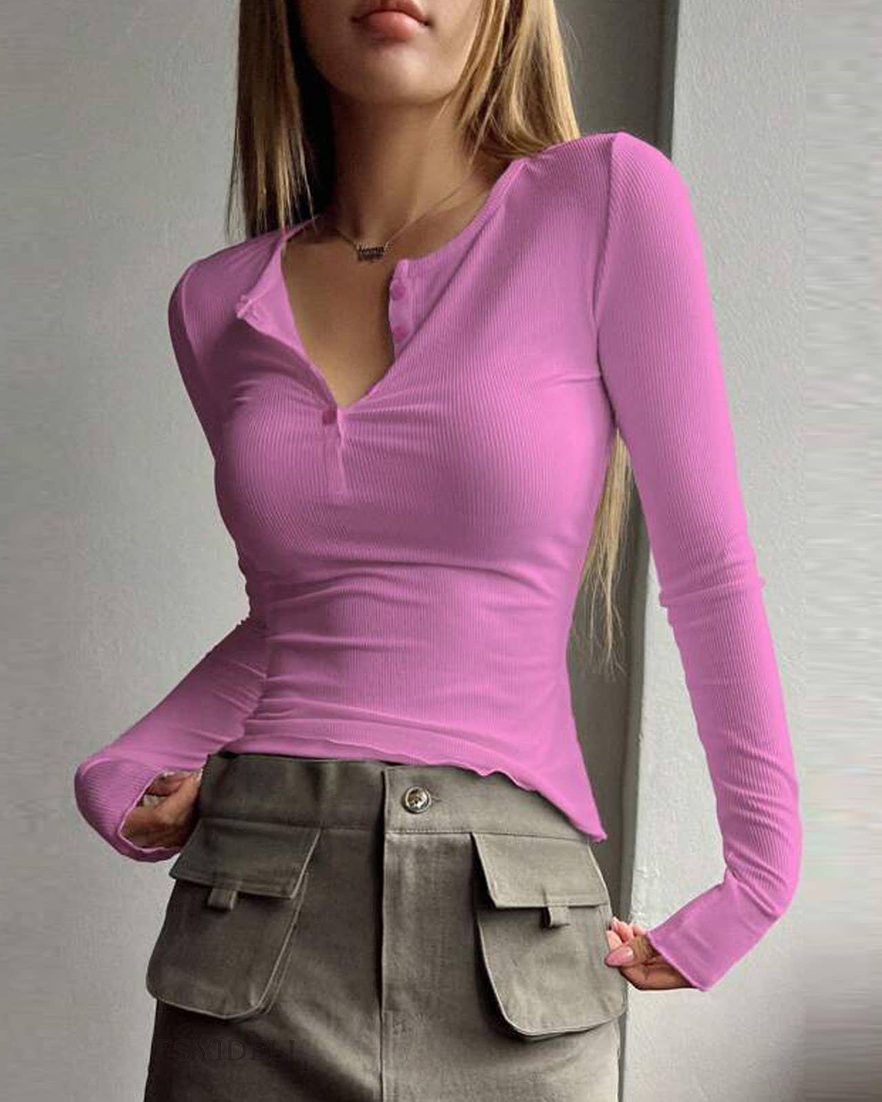 Single-Breasted Crewneck Long-Sleeved T-Shirt: Black / S
