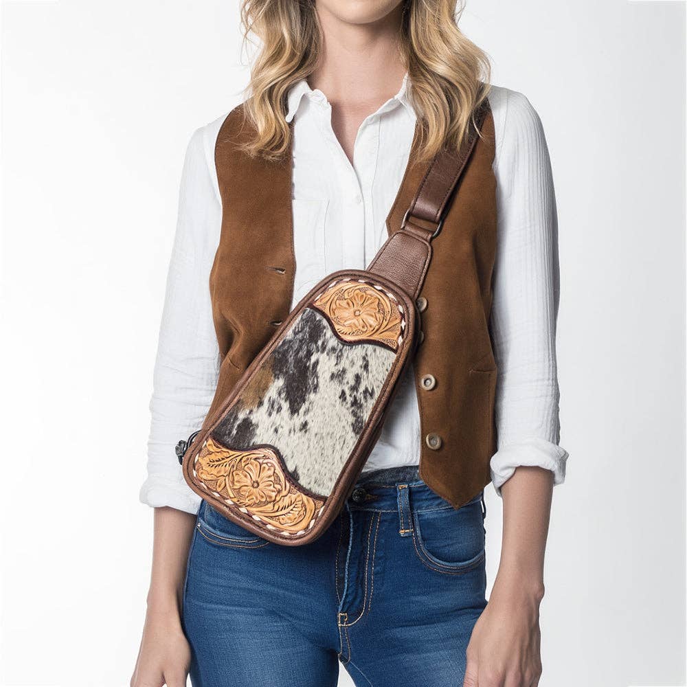 ADBG1510E American Dalring Hair-On Cowhide Western Leather Sling Bag Hand-Tooled Genuine Leather Crossbody: ADBG1510E
