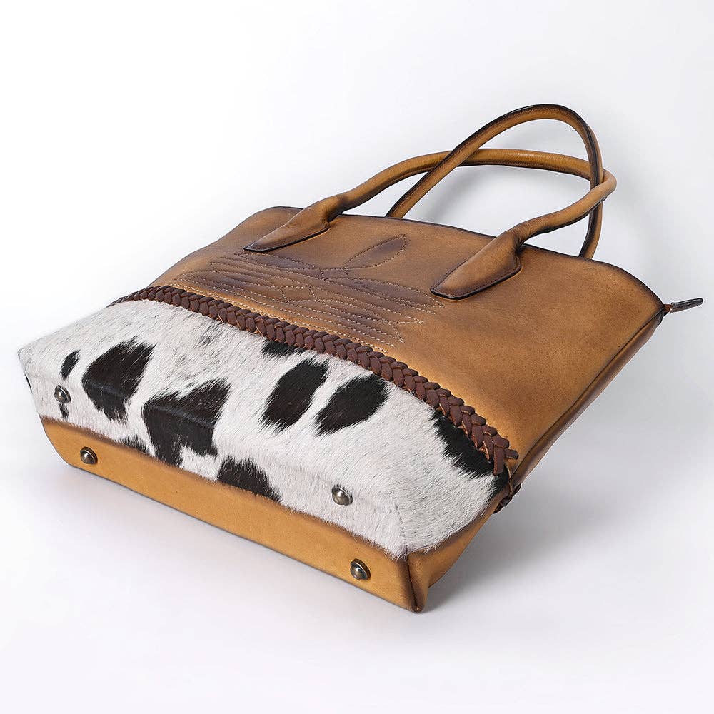 ADBGM526 Two-Tone Cowhide & Tooled Leather Tote - Western Handbag with Braided Trim: ADBGM526