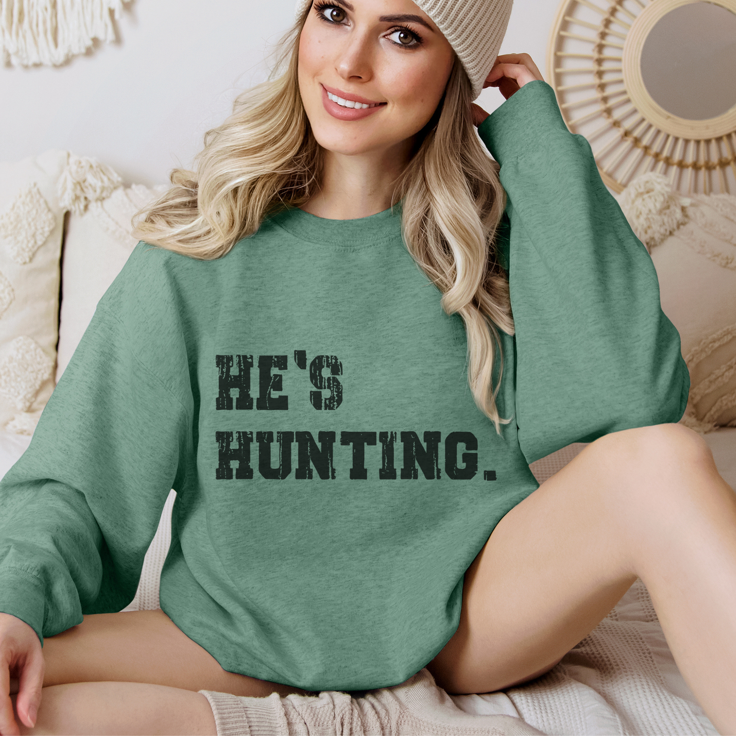 He's Hunting Funny Distressed Crewneck Sweatshirt: White / Large