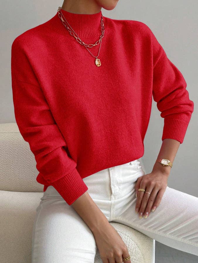 Women Mock Neck Long Sleeve Knit Sweater: Apricot / S