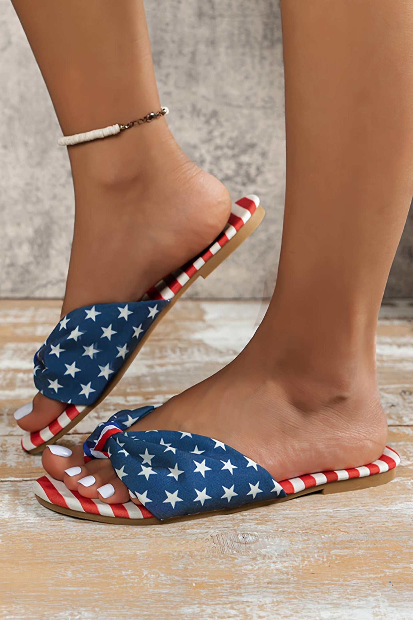 LDC Stars and Stripes Cute Bow Knot Flat Slippers: Navy Blue / 9.5(41)