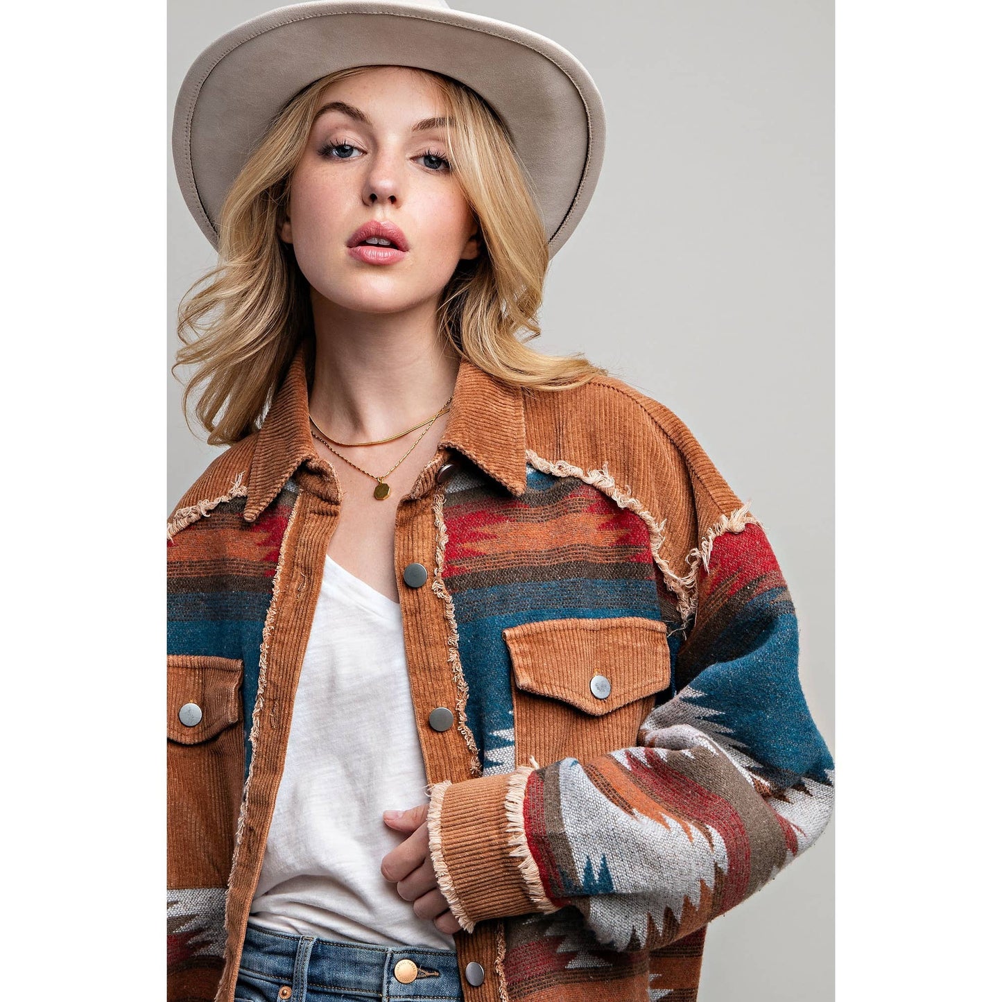 TRIBAL AZTEC PATTERN COLORBLOCK BUTTON DOWN SHIRT JACKET: Brown / S-M-L(2-2-2)