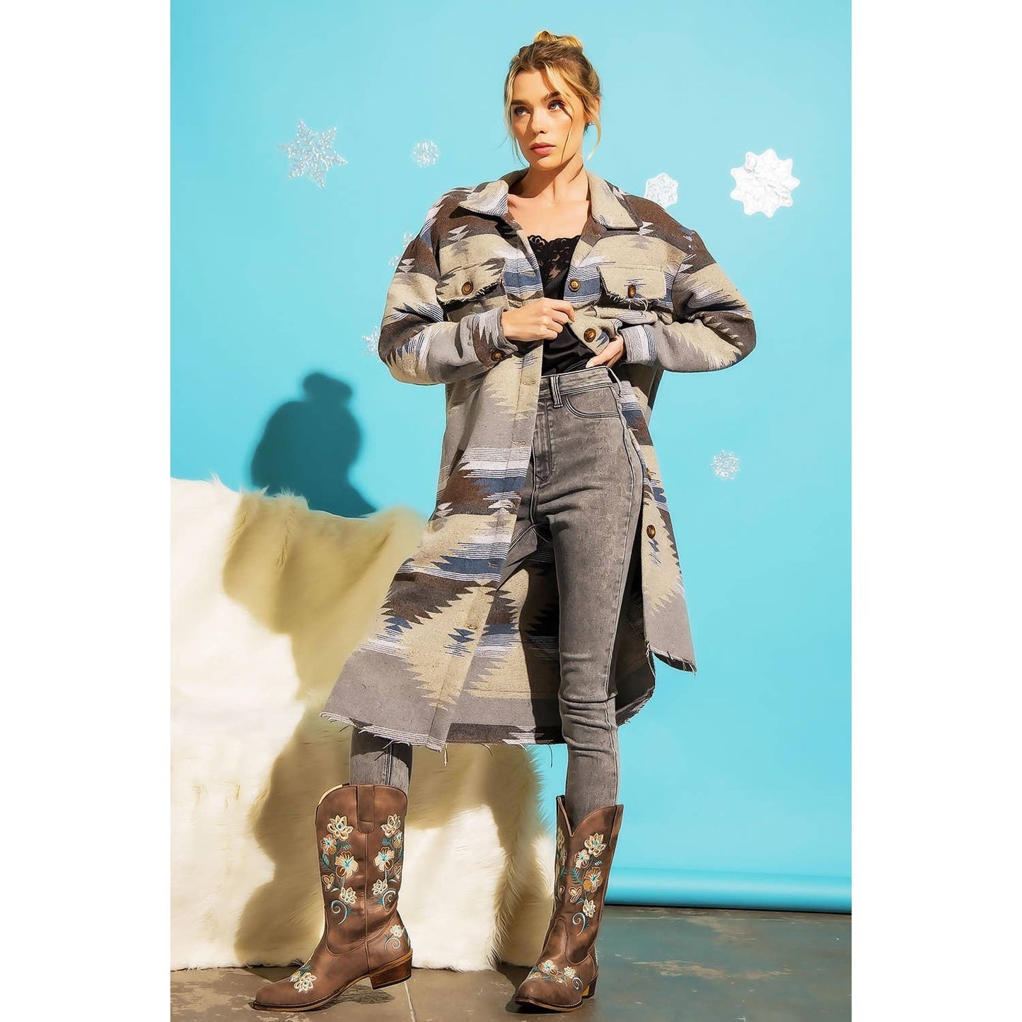 LONG TRIBAL AZTEC BUTTON DOWN SHIRT JACKET SHACKET: Rust / Turquoise / S-M-L(2-2-2)