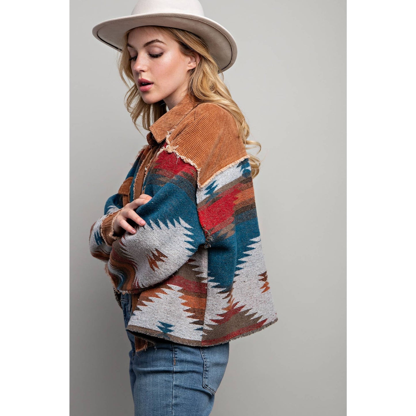 TRIBAL AZTEC PATTERN COLORBLOCK BUTTON DOWN SHIRT JACKET: Grey / S-M-L(2-2-2)