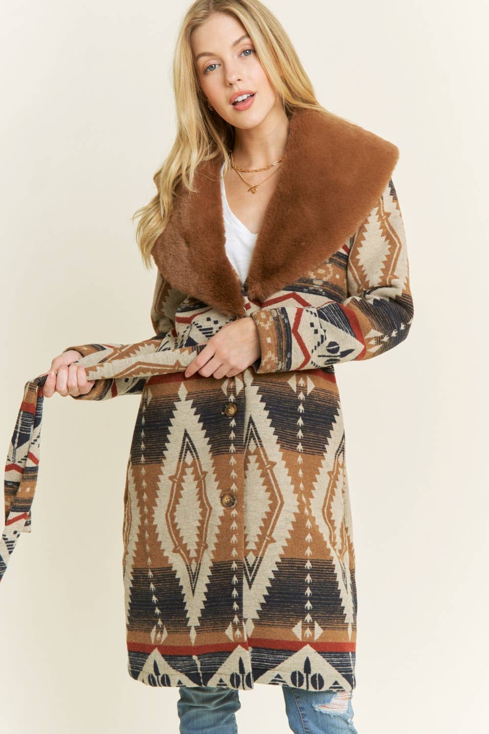 AZTEC JACKET SHACKET WITH CONTRAST FUR SHOWL COLLA: Navy / S-M-L(2-2-2)