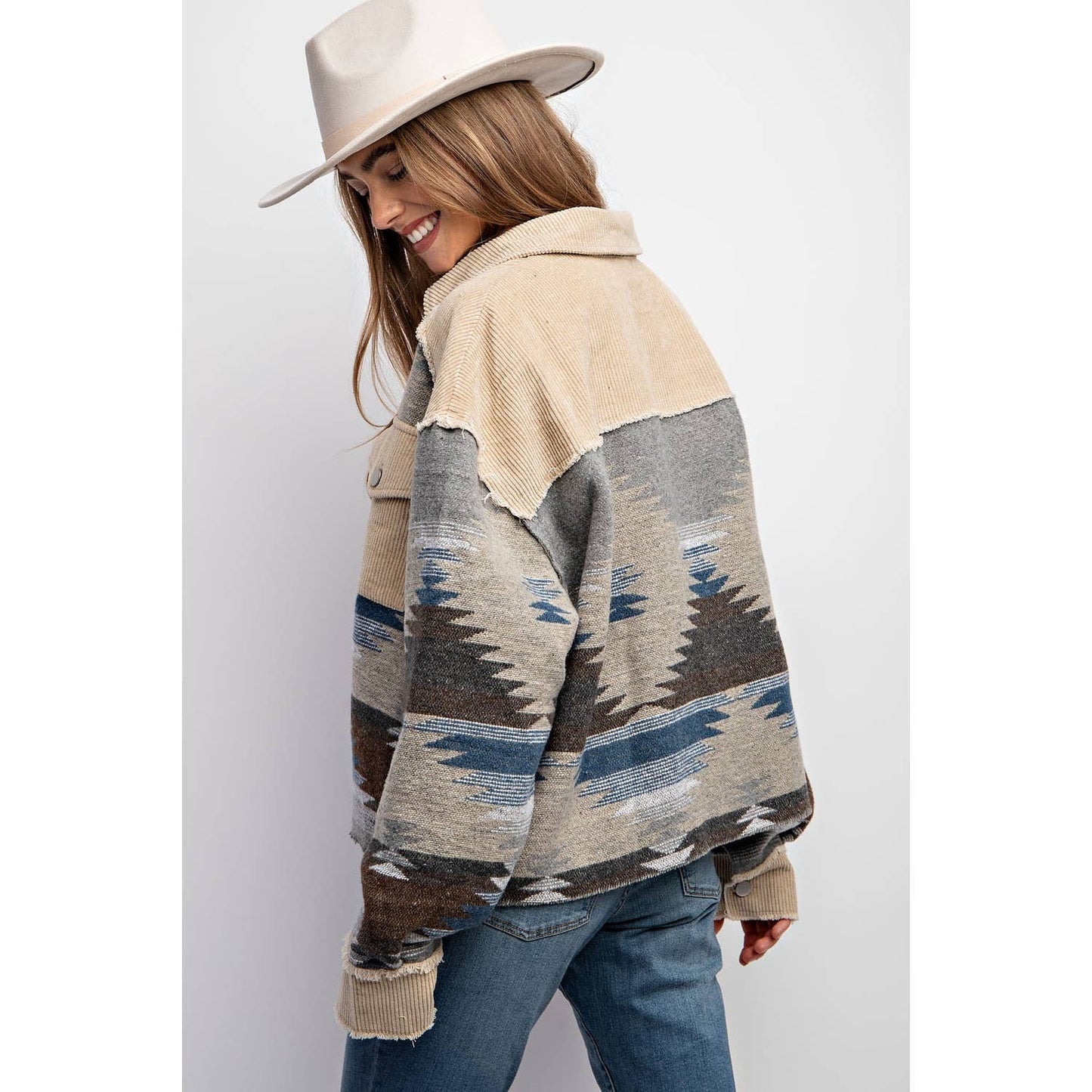 TRIBAL AZTEC PATTERN COLORBLOCK BUTTON DOWN SHIRT JACKET: Grey / S-M-L(2-2-2)