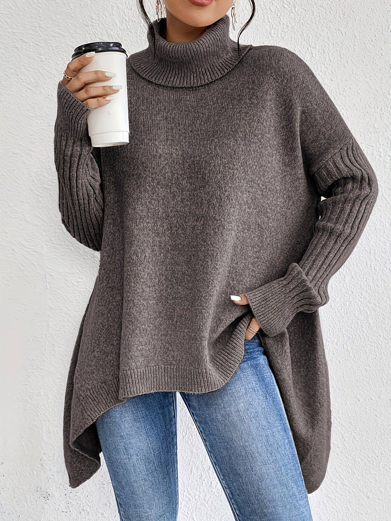 Oversized High Neck Chunky Knit Sweater Coat: Navy blue / S