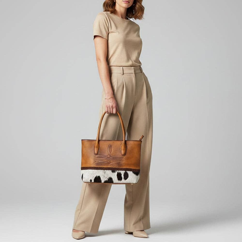 ADBGM526 Two-Tone Cowhide & Tooled Leather Tote - Western Handbag with Braided Trim: ADBGM526