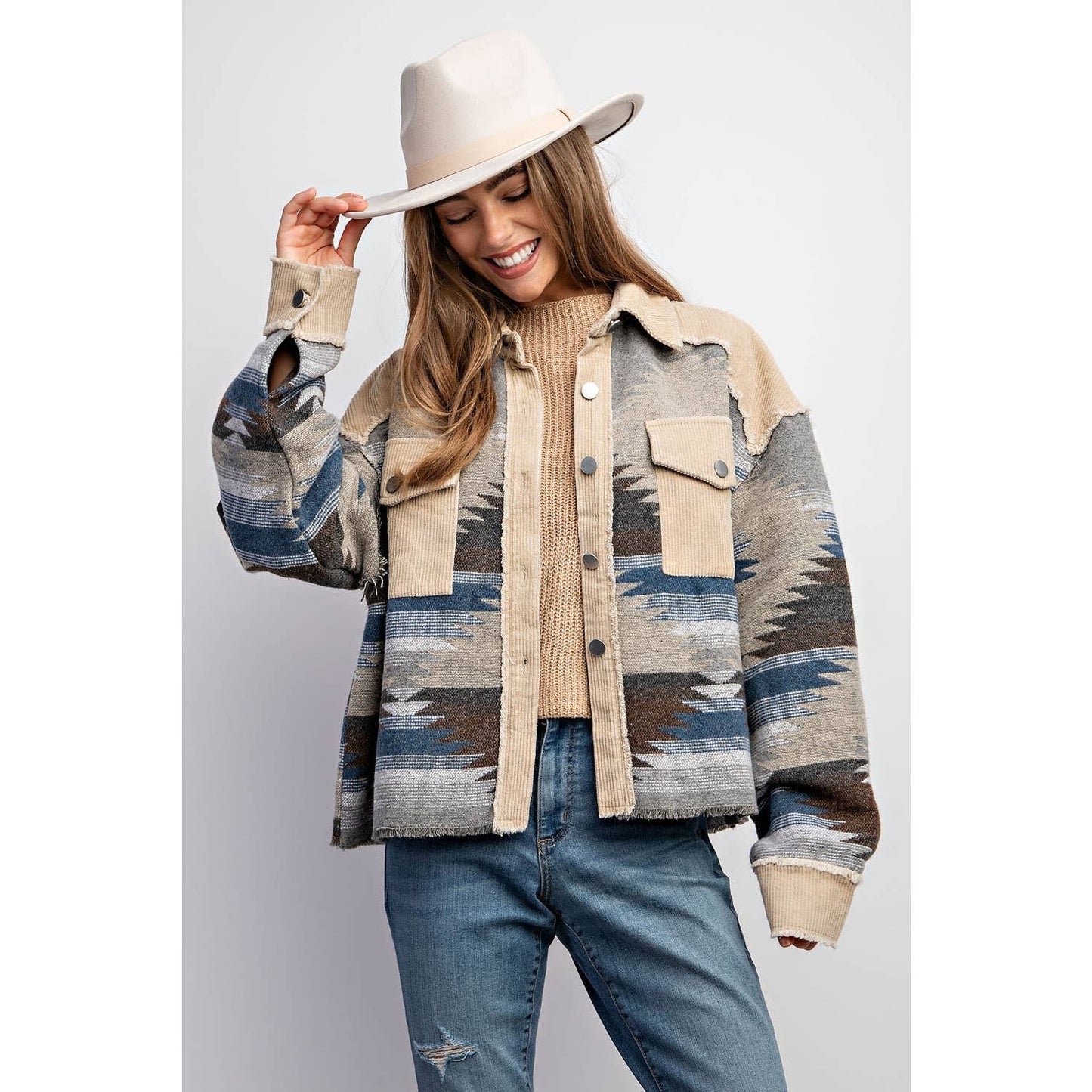 TRIBAL AZTEC PATTERN COLORBLOCK BUTTON DOWN SHIRT JACKET: Grey / S-M-L(2-2-2)