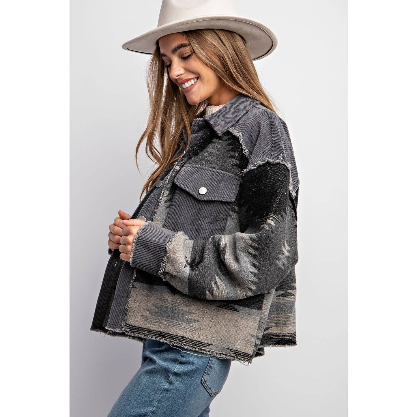 TRIBAL AZTEC PATTERN COLORBLOCK BUTTON DOWN SHIRT JACKET: Grey / S-M-L(2-2-2)