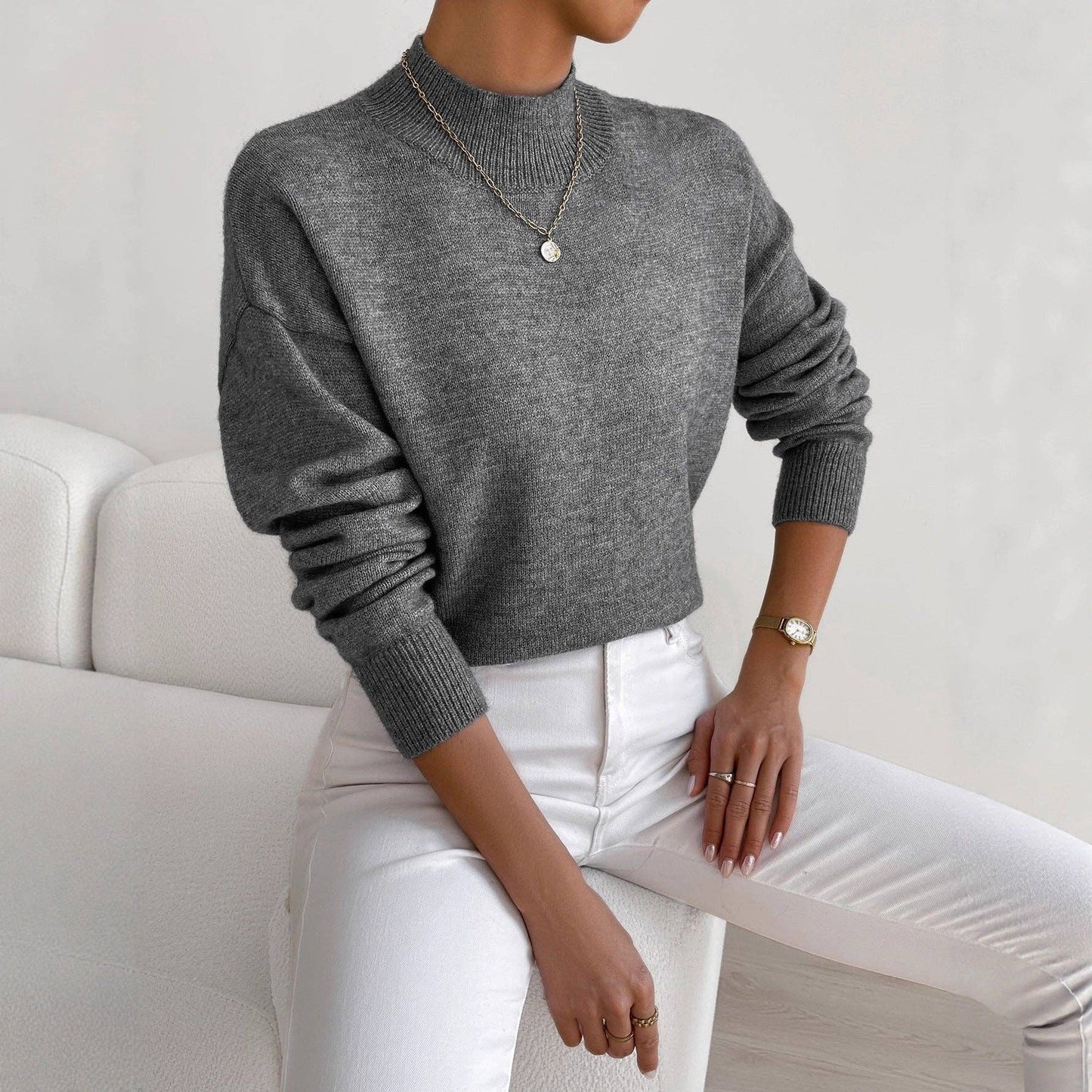 Women Mock Neck Long Sleeve Knit Sweater: Apricot / S