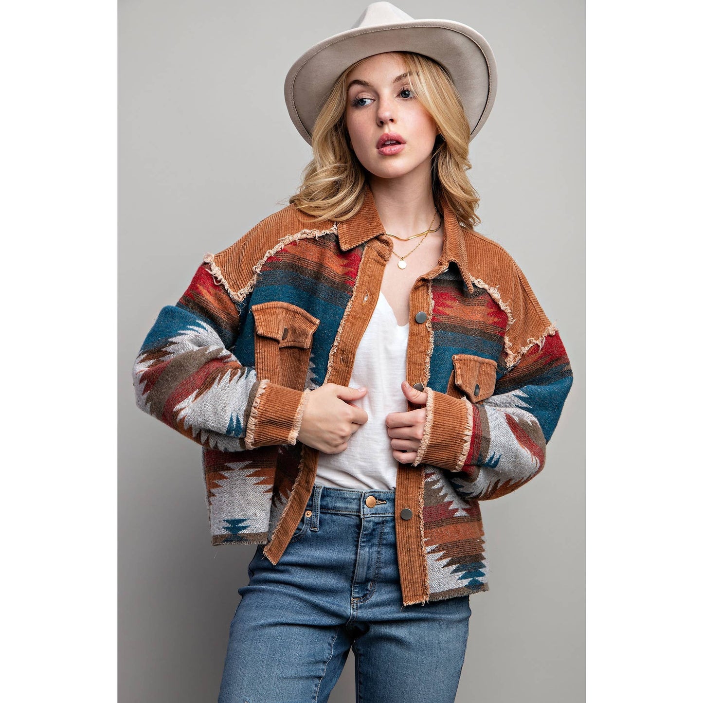 TRIBAL AZTEC PATTERN COLORBLOCK BUTTON DOWN SHIRT JACKET: Brown / S-M-L(2-2-2)